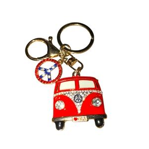 Red Bus Keychain with Peace Charm Gold Tone
